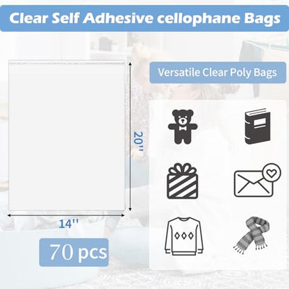 70 Pack 14x20" Clear Cellophane Bags for Shirts, Gift Wrapping, Artwork - size: 14x20 Inch