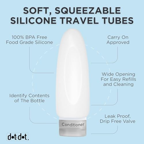 Dot&Dot Leak Proof Travel Bottles - Tubes for Liquid TSA Approved 3oz Silicone Toiletries Travel Shampoo & Conditioner Containers with Labels - color: 4pc 3 oz - Violet/Green/Yellow/Blue