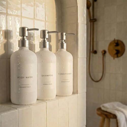 Stylish Shampoo & Conditioner Dispenser Set of 3 - White 21oz Bottles - color: White