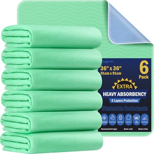 Fygrip 6 Pack 36” x 36” Extra Heavy Absorbency Washable Underpads Bed Pads - size: 6 Pack - 36" x 36"