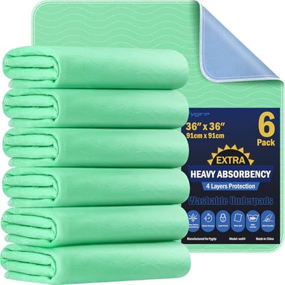 Fygrip 6 Pack 36” x 36” Extra Heavy Absorbency Washable Underpads Bed Pads - size: 6 Pack - 36" x 36"