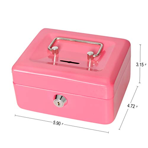 Decaller Small Cash Box with Lock and Slot, Metal Coin Bank Piggy Bank for Adults & Kids, 5.9" x 4.7" x 3.2", Pink - color: Pink, size: Small (5.9 Inch)