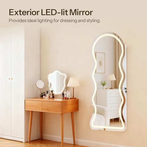 HOOBRO LED Mirror Jewelry Cabinet, Wall/Door Mounted Jewelry Organizer - color: White