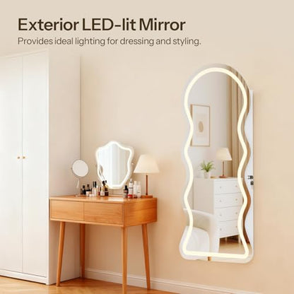 HOOBRO LED Mirror Jewelry Cabinet, Wall/Door Mounted Jewelry Organizer - color: White
