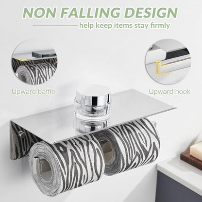 APLusee Double Toilet Paper Holder with Storage Shelf, Polished Chrome - color: Polished Chrome, size: Double Rod