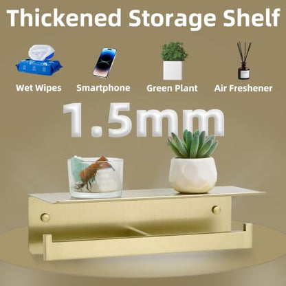 APLusee Brushed Gold Double Toilet Paper Holder with Shelf, 304 Stainless Steel Wall Mount Tissue Roll Holder for Bathroom - color: Brushed Gold, size: Double Rod
