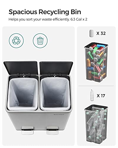 SONGMICS Trash Can, 2 x 6.3-Gallon Stainless Steel Step Bin, Soft Closure - color: Silver, size: 2 x 6.3 Gal.