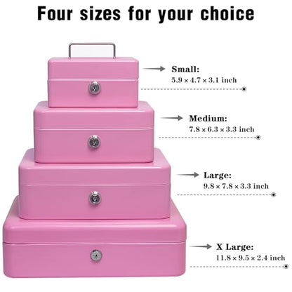 Steel Cash Box with Key Lock, Metal Small Money Organizer with Money Tray,Cash Storage Box with Lockable Cover (Pink - 11.8" x 9.4" x 3.5") - color: Pink - 11.8" x 9.4" x 3.5"