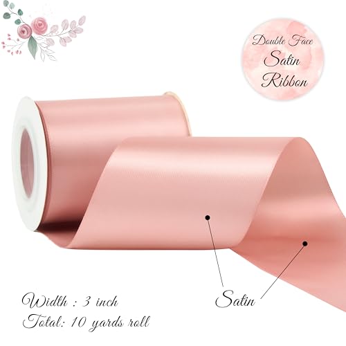 Rose Gold Double-Faced Satin Ribbon, 3 Inch x 10 Yards - color: Blush