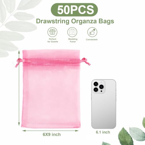 Kelfuoya 50Pcs Organza Drawstring Pouches, Pink 6"×9" Sheer Gift Bags - color: Pink-6"x9"