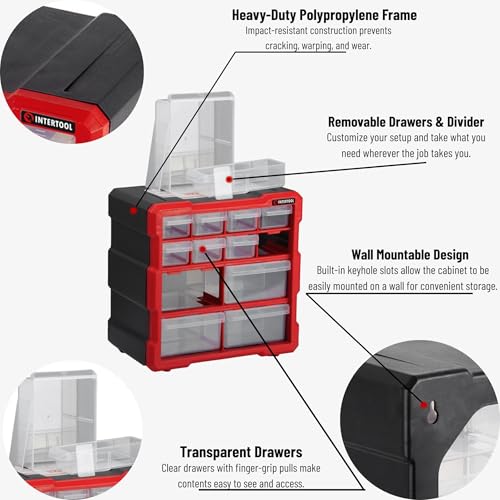 INTERTOOL Small Parts Organizer - 12 Removeable Bin Drawers - Tool Box for Storing Hardware and Garage Organization - For Screws, Bolts, Legos, Arts and Crafts - 10” x 10” x 6” - BX08-4024 - style: 12 Drawers