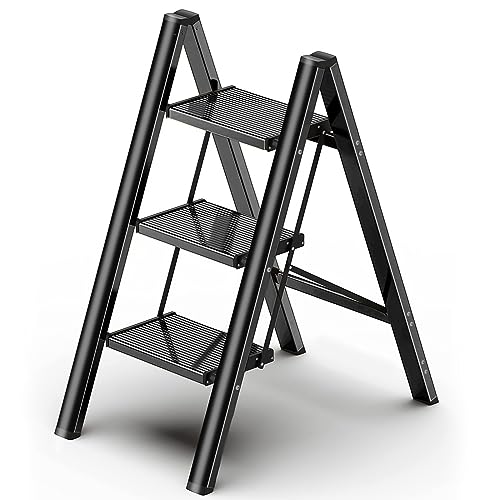 HISMOCAL 3 Step Ladder, Aluminum Folding Step Stool for Closet, Black - color: Black, size: 3 Step