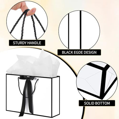 woric 2 Pcs White Gift Bags, 14" Medium Wedding Gift Bag with Tissue Paper - color: White with Black Edge