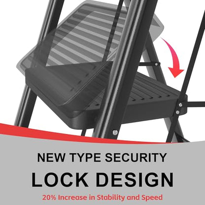 Foldable Step Ladder Stool for Home,3 Step Stool with Wide Anti-Slip Pedal, Heavy Duty 600Lbs Ladder for Indoor Kitchen Closet Stair Use, Black