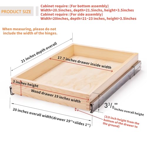 Mulush 20”W x 21”D x 3”H Soft Close Slide Out Wood Drawer Organizer for Kitchen, (Cabinet Width>20.5 inches for Bottom Assembly, Width= 20 inches for Side Assembly) - size: 20"W x 21"D