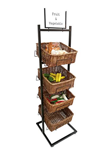 FixtureDisplays® 4 Tier Basket Stand Wicker Basket Bakery Rack Produce Stand Food Rack Fruit, Wicker - Black 120005-NPF