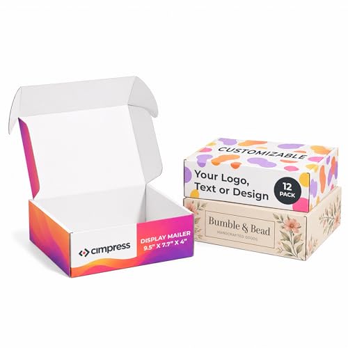Personalized Mailer Box, Add Logo or Text, 9.5" x 7.75" x 4", 12 Pack, White Cardboard Gift Box, Medium Corrugated, Shipping Boxes for Small Business, Custom Packaging, Subscription Box - size: 9.5" x 7.75" x 4"