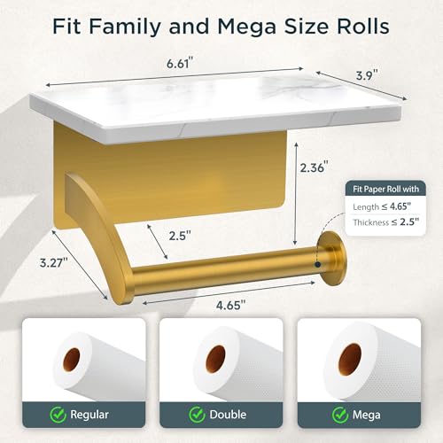 FORIOUS Natural Marble Toilet Paper Holder with Phone Shelf, Commercial - color: Brushed Gold, size: Single Roll