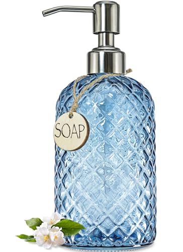 JASAI 18Oz Gem Patterned Glass Soap Dispenser for Kitchen and Bathroom - color: Navy Blue