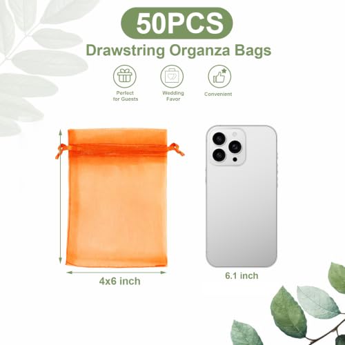 Kelfuoya 50Pcs Organza Drawstring Pouches, Orange 4"×6" Sheer Gift Bags - color: Orange-4"x6"