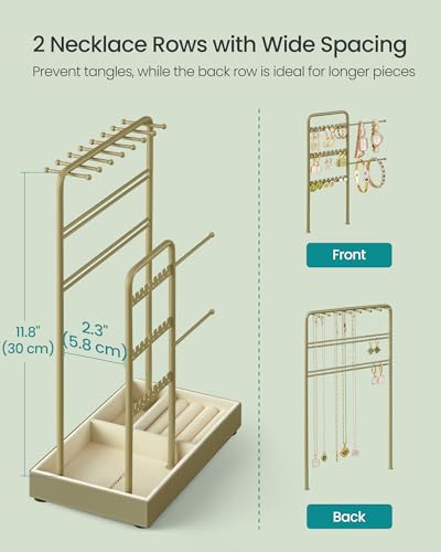 SONGMICS Jewelry Holder, Display Stand, Metal Frame, Velvet Tray - color: Laurel Green, size: 4.5"D x 7.7"W x 12.1"H