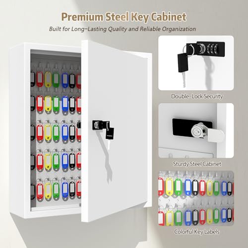Key Cabinet Lock Box with 131-Keys: Steel Wall Mount Key Box Organizer - Large Storage and Secure Combination Lock Boxes for Home Office Business - White - color: Matte White