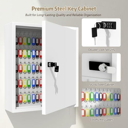 Key Cabinet Lock Box with 131-Keys: Steel Wall Mount Key Box Organizer - Large Storage and Secure Combination Lock Boxes for Home Office Business - White - color: White