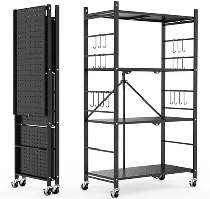 Himix 4-Tier Foldable Storage Shelf with Wheels 20 Hooks Black No Assembly - color: Black, size: 4-Tier