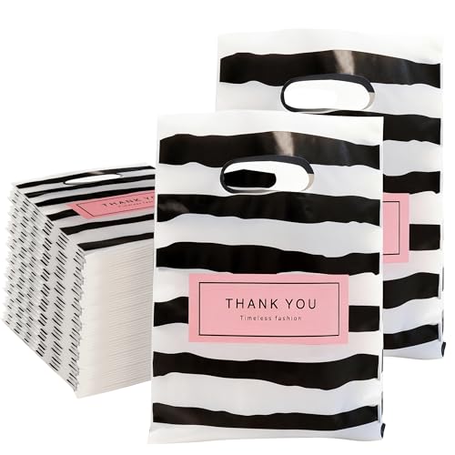 MOCCNORA 100 Pack Plastic Thank You Merchandise Bags with Die Cut Handles - color: BlackStripe, size: 5.9x7.8 Inch