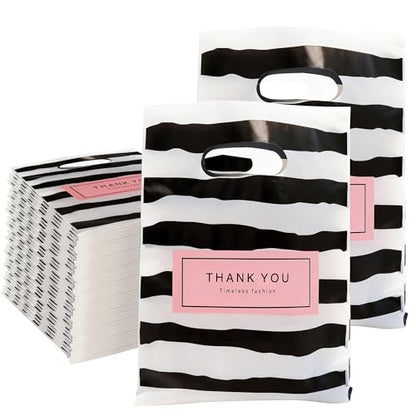MOCCNORA 100 Pack Plastic Thank You Merchandise Bags with Die Cut Handles - color: BlackStripe, size: 5.9x7.8 Inch