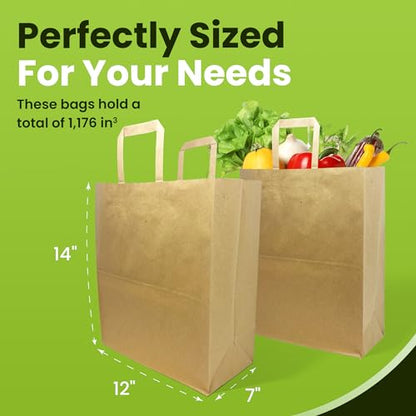 Reli. Paper Grocery Bags w/Handles | 100 Pcs Bulk Pack (12"x7"x14")