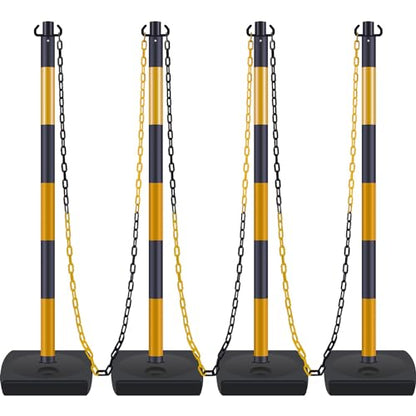 4 Pack Portable Work Zone Chain Post Set, Premium Crowd Control Stanchion Set, 3 x 20' Ft Plastic Chains, 4 x 40" inch Traffic Delineator Post Cones with Water Fillable Base (Gold Black)