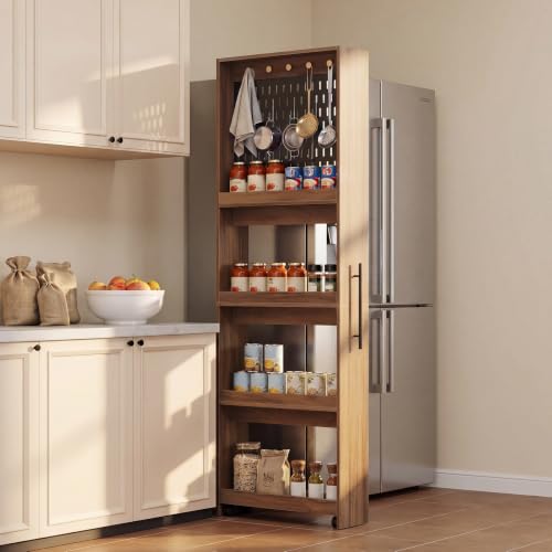 Pull Out Pantry Storage Cart Next to Fridge, Rolling Utility Cart on Wheels - color: Brown&black