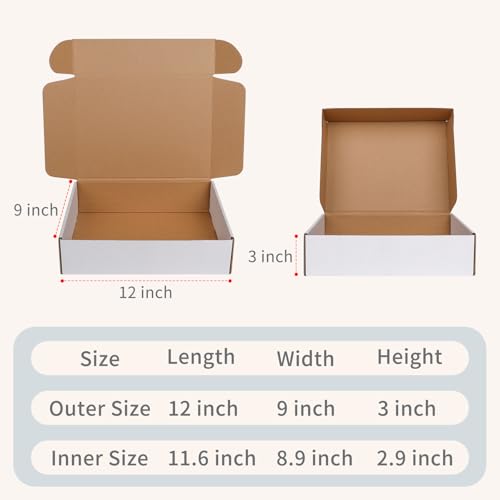 Fishat 12" x 9" x 3" White Corrugated Cardboard Shipping Boxes Set of 5 - size: 12" x 9" x 3"