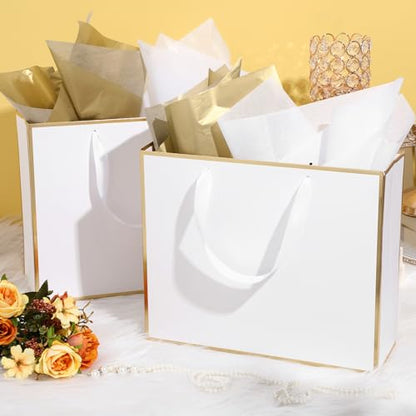 ReliThick 12 Pack Paper Gift Bag with Handles & Tissue, White, Gold - color: White, Gold