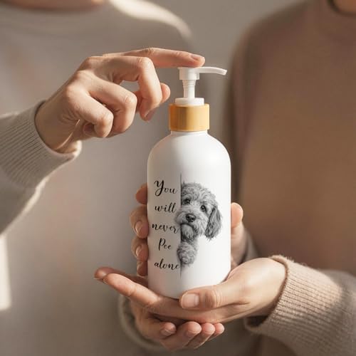 Goldendoodle Dog Bathroom Soap Dispenser, Goldendoodle Lover Gifts Glass Hand Soap Dispenser with Pump, Funny Dog Refillable Handsoap Liquid Bottle for Bathroom Countertop - color: Funny Goldendoodle