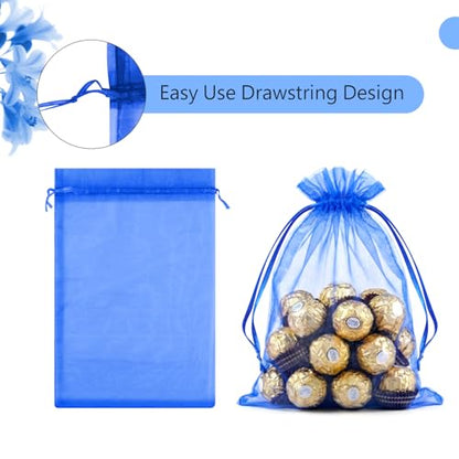 FUNFERY 100Pcs Royal Blue Organza Bags 5x7, Small Mesh Drawstring Gift Bag - color: Royal Blue