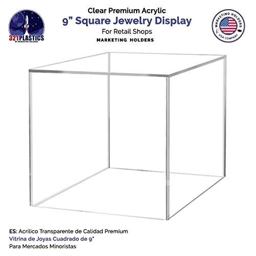 9 Inch Clear Acrylic Display Box with One Open Side No Lid Versatile Square Lucite POP Display One Piece Retail Product Riser or Merchandise Storage Bin No Assembly by Marketing Holders - size: 9"w x 9"d x 9"h