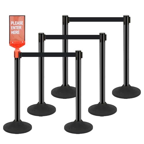 STARSIGNS 6 Pack Crowd Control Barriers - Weighted Base Stanchions with 10 Feet Retractable Belts Black Stanchion Posts Set for Retail, Banks, Public Spaces - color: Black- 6 Packs