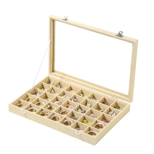 Coward Ring Earring Jewelry Organizer Box, 35 Grids Dustproof Display Holder Case, Yellow Linen Velvet Jewelry Bead Display Tray Case with Transparent Glass Lid for Momen Girls - color: Yellow Linen, size: 35Grids Box