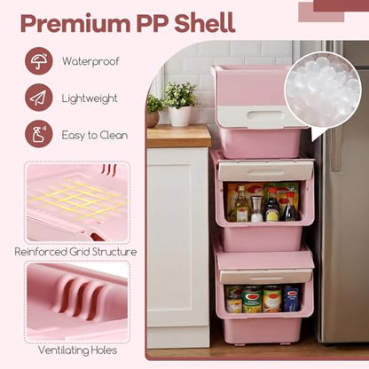 GIANTEX 6 Pack Plastic Stackable Storage Bins with Lids & Wheels, 35 QT - color: White + Pink, size: 6 Pack, 35 QT
