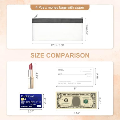 PATIKIL 8.7x3.9 Inch Money Bags with Zipper, 4 Pcs Clear PVC Cash Deposit Bank Pouch Envelopes Makeup Bag Check Wallet for Coin Cosmetics Bill, Black - color: Black
