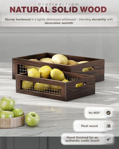 Set of 2 Wooden Countertop Baskets with Sturdy Wire Mesh & Handles - color: Walnut