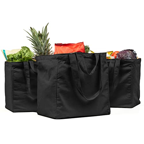 VeraMia Canvas Grocery Bag 3pc XL Set with Real Pockets, Long Shoulder Strap and Short Handle. Heavy Duty, Foldable, Washable - color: Black