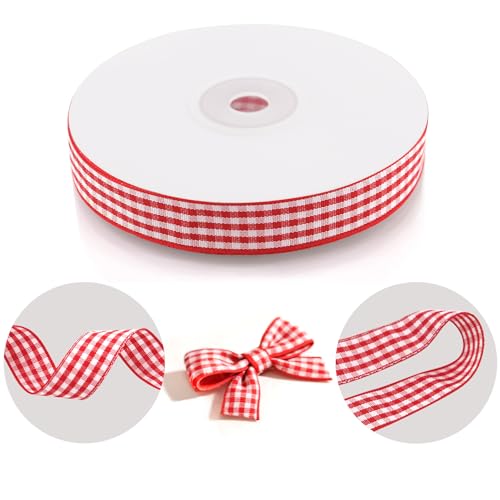 QingHan Red and White Gingham Ribbon: 5/8 Inch 25 Yards for Crafts Gift Wrapping - color: Red/White