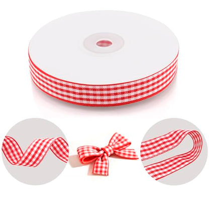 QingHan Red and White Gingham Ribbon: 5/8 Inch 25 Yards for Crafts Gift Wrapping - color: Red/White