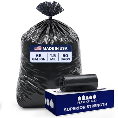 Plasticplace 65 Gallon Trash Bags │ 1.5 Mil │ Black Heavy Duty Garbage Can Liners │ 50” x 48” (50 Count)