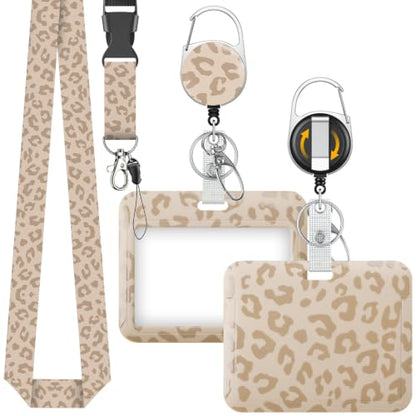 Uniclife Cute ID Badge Holder with Retractable Badge Reel & Lanyard, 2 Pack - color: Light Brown Leopard Print-horizontal