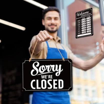 Lesnala 2 Sets Business Hours Open Closed Flip Sign with Stickers, PVC