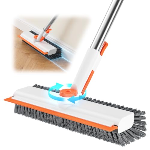 Floor Scrub Brush with Long Handle, 3 in 1 Deck Brush with Squeegee - color: Orange and White